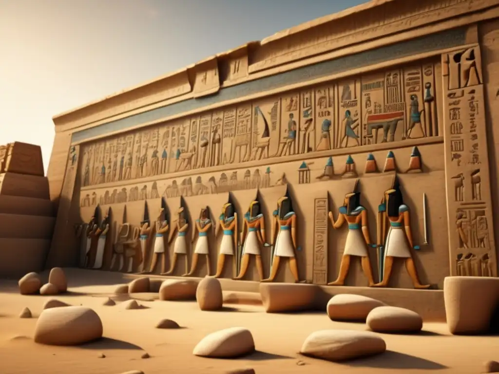 Escritura jeroglífica en el Antiguo Egipto: Detalle de un templo egipcio con intrincadas carvings que exudan historia y cultura vibrante
