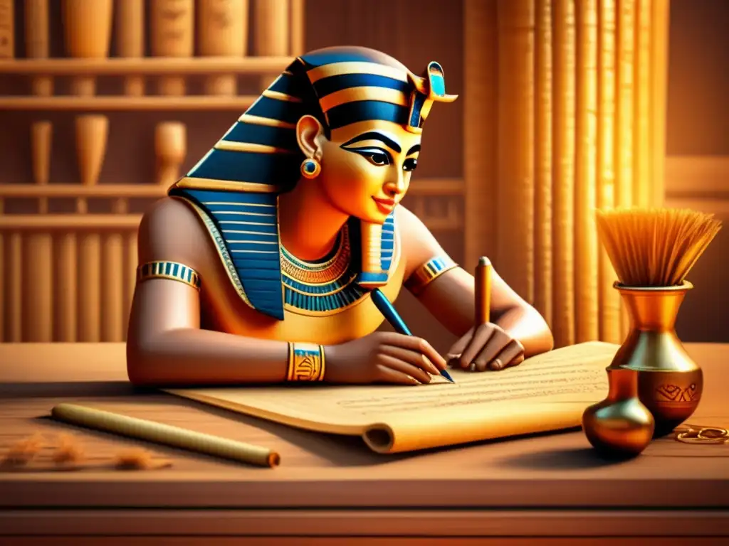 Introducción a la escritura sagrada del Nilo: Sacerdote egipcio inscribe jeroglíficos en papiro, iluminado por luz dorada de lámpara antigua