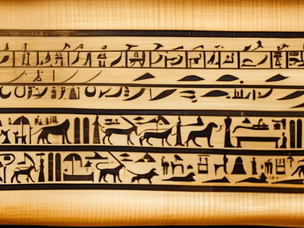 Diferentes escrituras del Egipto antiguo en un antiguo papiro, con detalles ultradetallados y una atmósfera de sabiduría ancestral