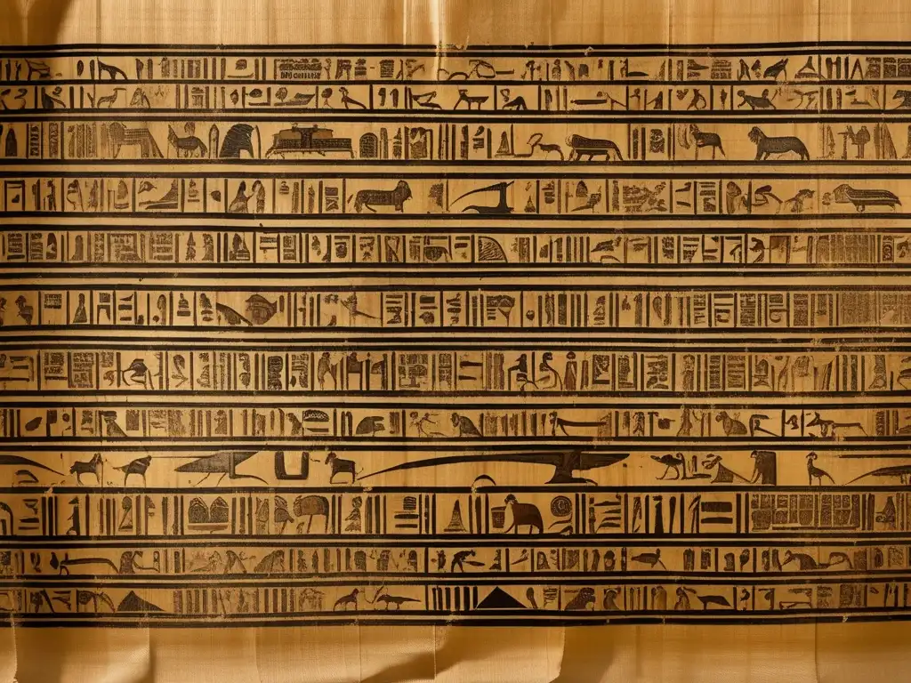Diferentes escrituras del Egipto antiguo desplegadas en un antiguo papiro, con detalles delicados y un sutil tono dorado