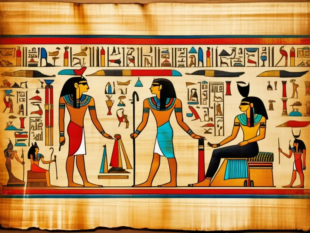 Diferentes escrituras del Egipto antiguo cobran vida en un antiguo papiro egipcio, meticulosamente inscritas en colores vibrantes de rojo, azul y oro