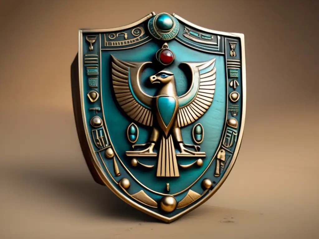 Escudo egipcio antiguo de bronce oxidado con motivos sagrados y jeroglíficos, evocando historia y autenticidad