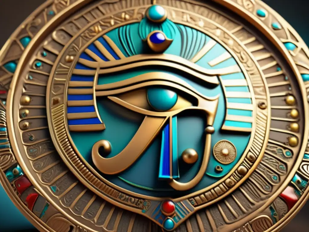 Un escudo egipcio antiguo de bronce con el ojo de Horus y jeroglíficos, evocando significado y diseño de escudos egipcios