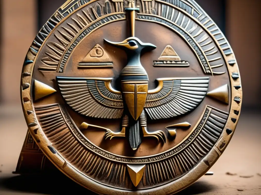 Escudo egipcio antiguo con símbolos de guerra en jeroglíficos, detallado y desgastado, evocando la autenticidad histórica