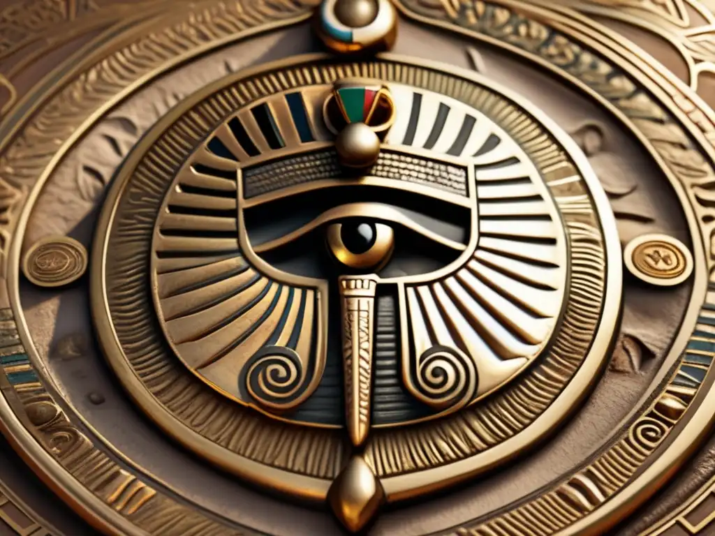 Un escudo egipcio vintage de bronce con diseño detallado y símbolos antiguos