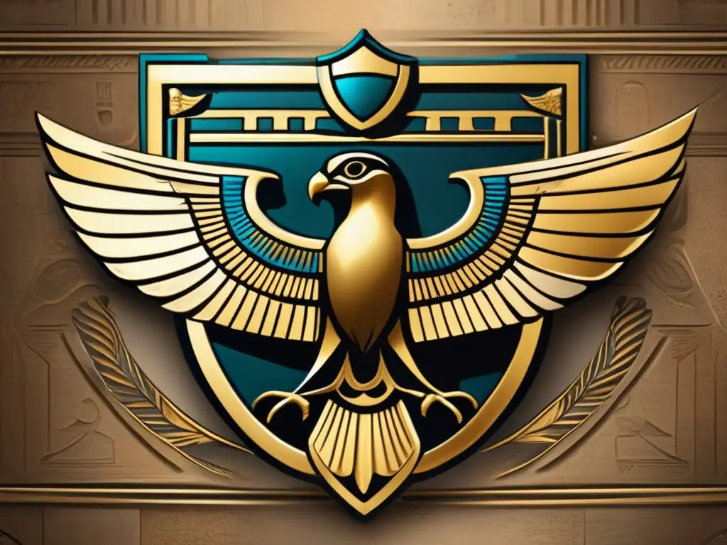 Un escudo egipcio vintage con intrincados símbolos, como el majestuoso halcón de Horus, rodeado de lotos y papiros