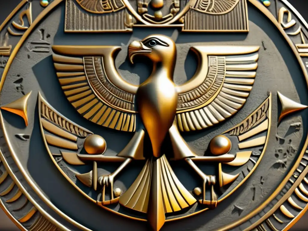 Un escudo militar egipcio vintage con símbolos de guerra en jeroglíficos egipcios, detallado y enigmático