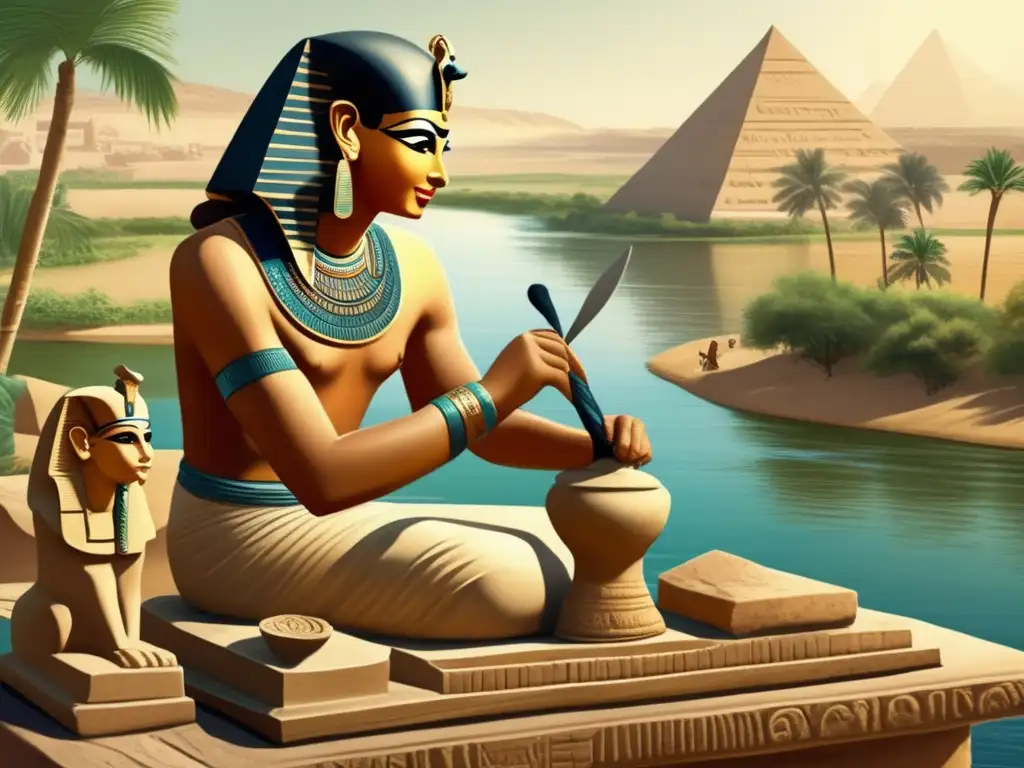 Escultor egipcio antiguo trabajando en una estatua de un faraón, rodeado de la serenidad del río Nilo