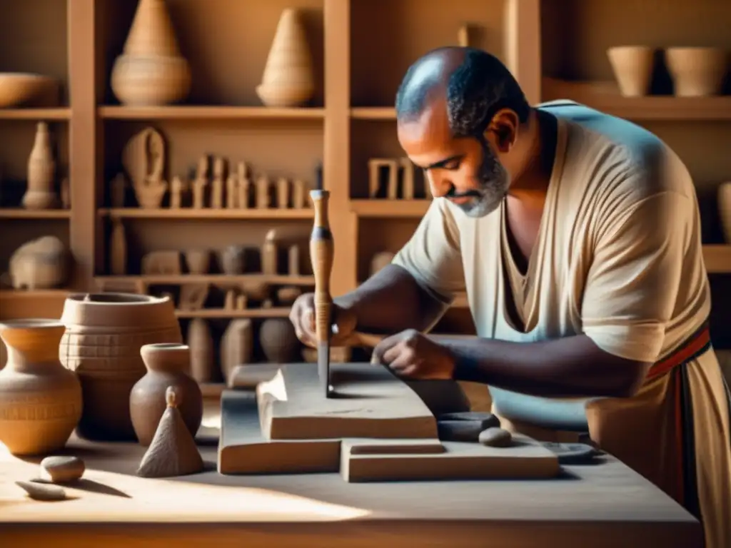 Un escultor egipcio antiguo trabaja con precisión en un taller iluminado por el sol