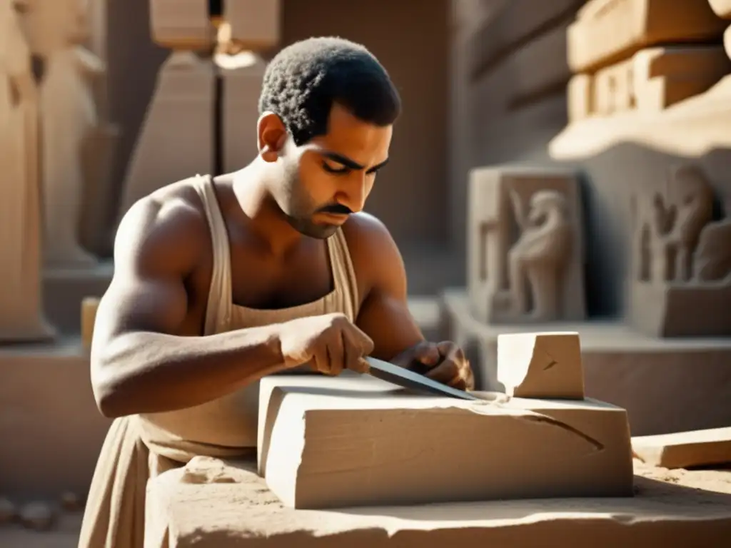 Un escultor egipcio habilidoso tallando meticulosamente una estatua, capturando la esencia del proceso de creación de una estatua egipcia