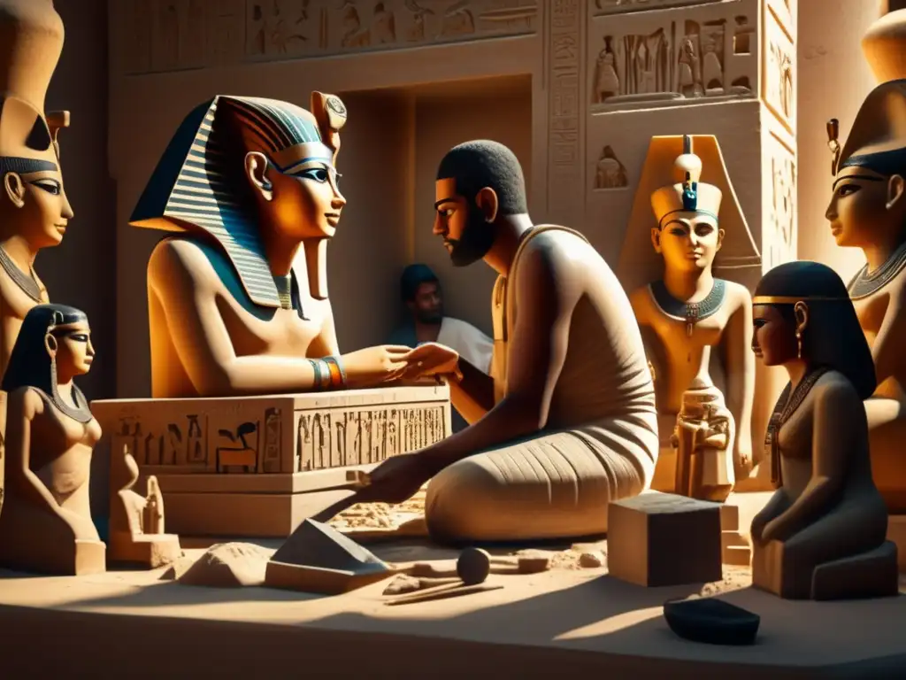 Un escultor egipcio meticulosamente talla una estatua en un bloque de piedra, rodeado de herramientas y estatuas en diferentes etapas de creación