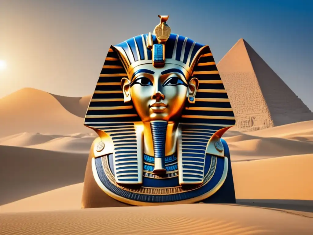 Una escultura antigua egipcia, magníficamente conservada, se alza imponente sobre arena dorada y un cielo azul profundo