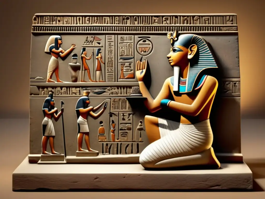 Una escultura antigua en Egipto de un oferente, detallada en 8k