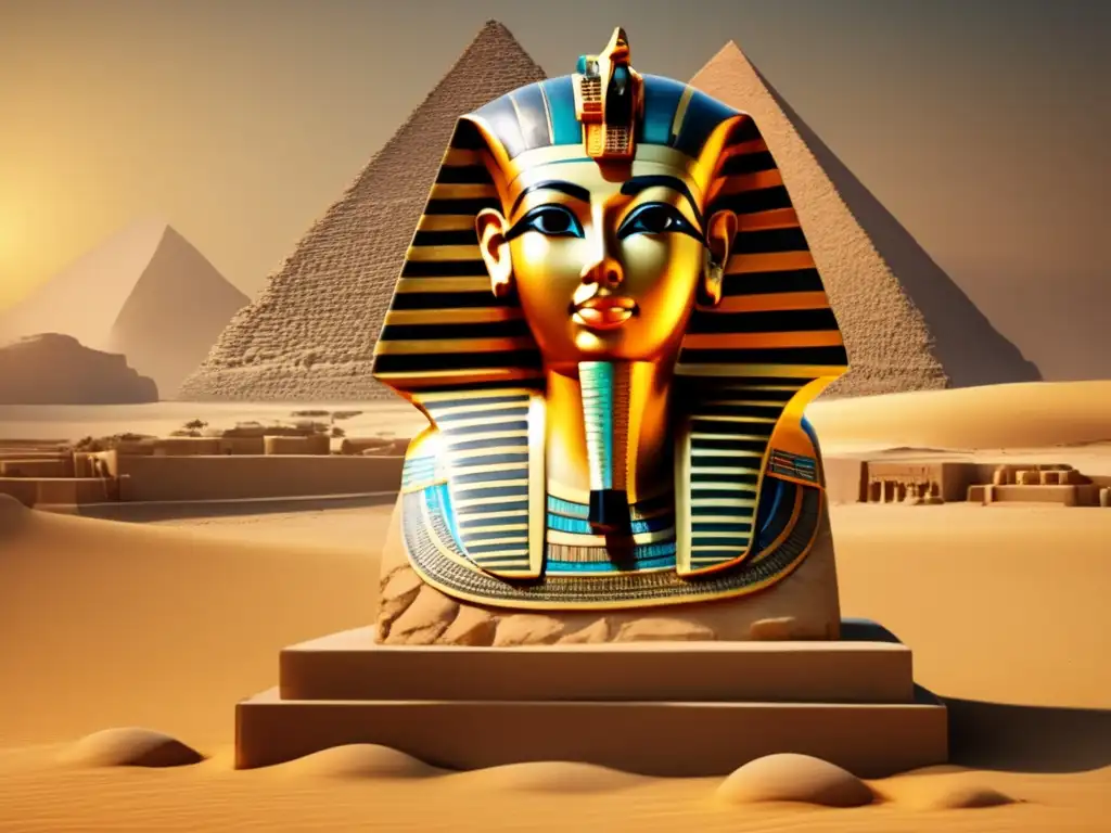 Escultura antiguo Egipto: majestuosa obra de arte en piedra dorada, representando un faraón con mirada serena