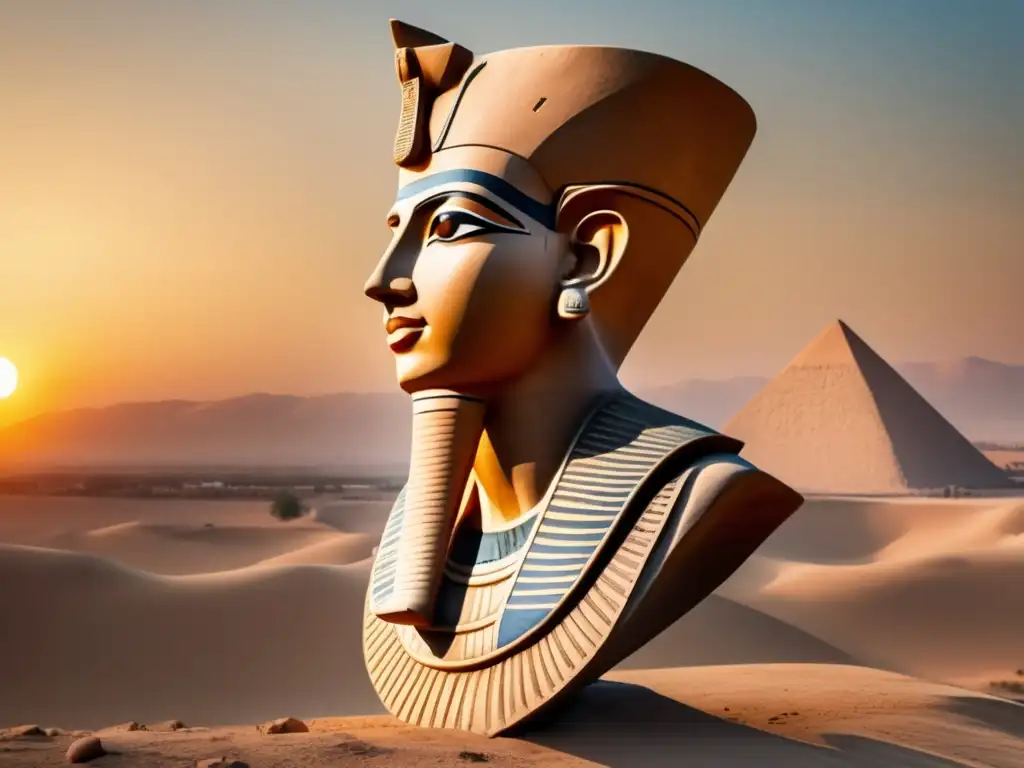 Una escultura detallada de Akhenaton, el faraón egipcio, se alza majestuosa ante el atardecer en Amarna