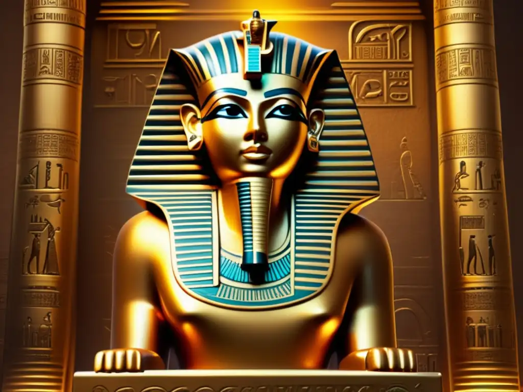 Una escultura dorada egipcia con adornos y jeroglíficos, resplandeciendo en la luz