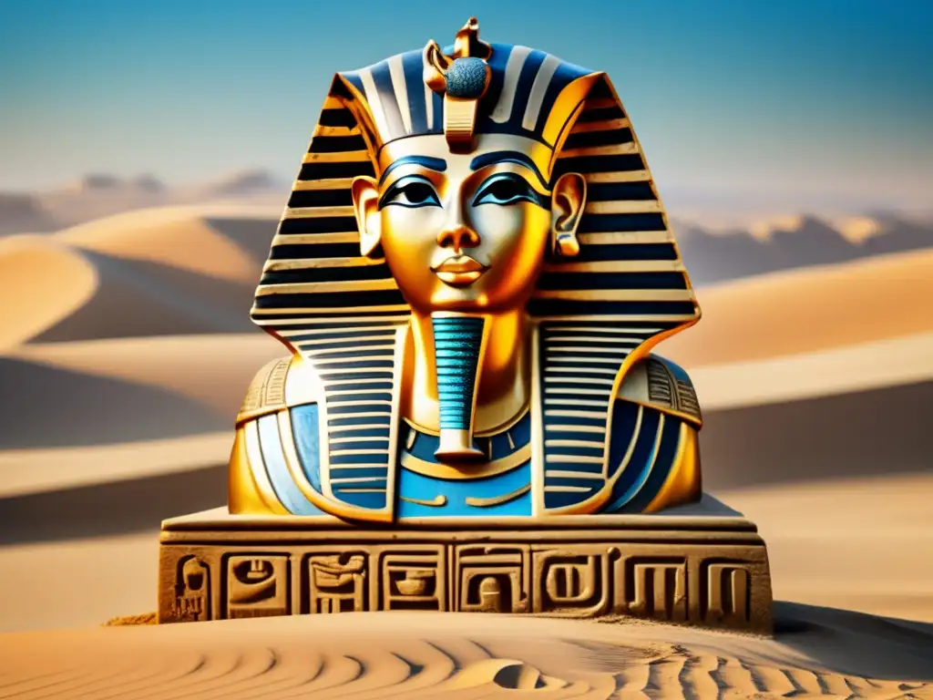 Una escultura egipcia antigua adornada con jeroglíficos intrincados, destaca contra las dunas doradas y el cielo azul