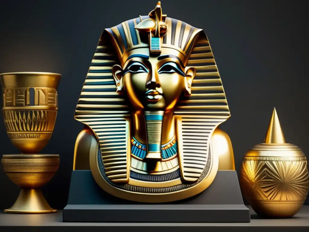 Una escultura egipcia antigua y majestuosa, adornada con intrincados detalles dorados, destaca sobre un fondo oscuro