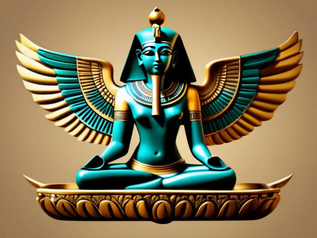 Escultura egipcia con elementos acuáticos, evocando misticismo antiguo y la influencia de la naturaleza en la pintura