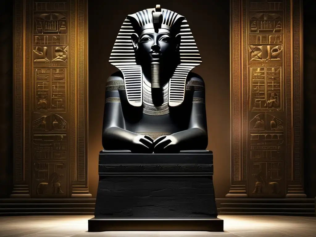 Escultura egipcia de un faraón con el rostro borrado, en misteriosa habitación iluminada