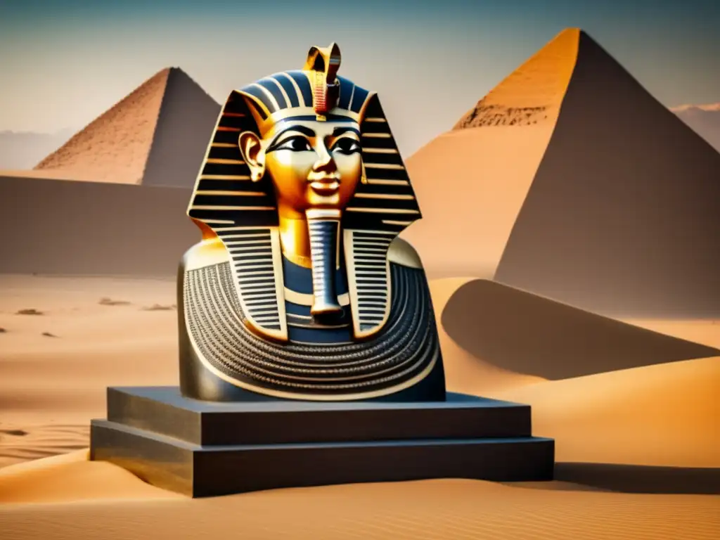 Una escultura egipcia de granito oscuro, majestuosa entre las arenas del desierto