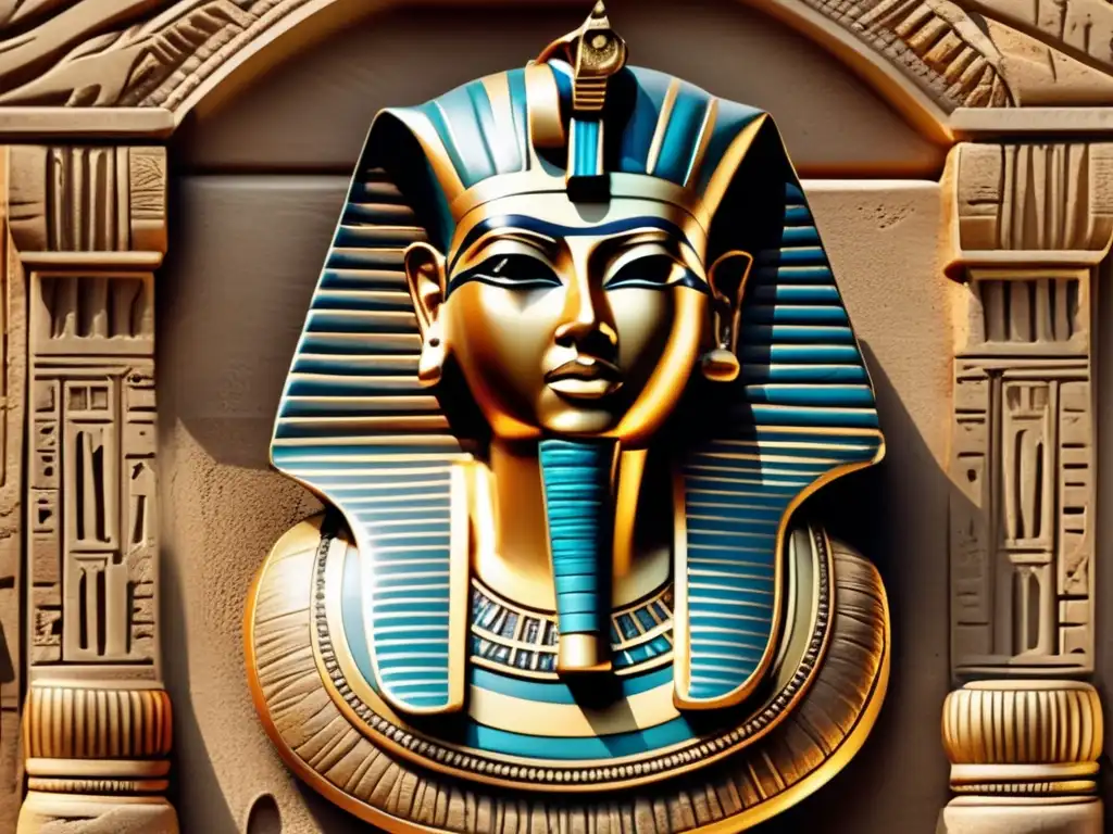 Una escultura egipcia tallada con precisión muestra un faraón poderoso con joyas y un tocado regio