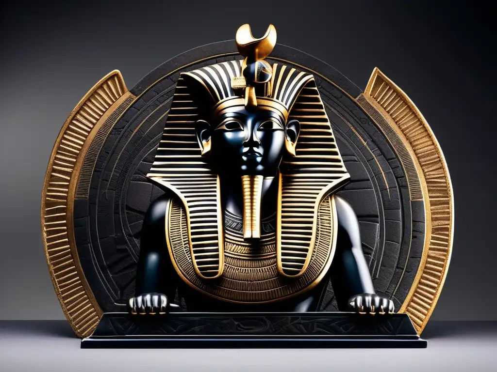 Una escultura egipcia vintage detallada del dios del sol Ra, tallada en piedra oscura, con carvings e hieroglíficos intrincados