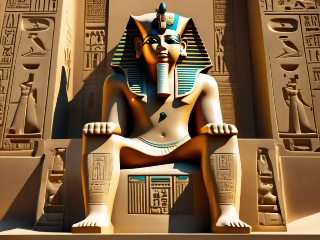 Una escultura faraónica vintage de un faraón, tallada en piedra, muestra simetría y detalles intrincados