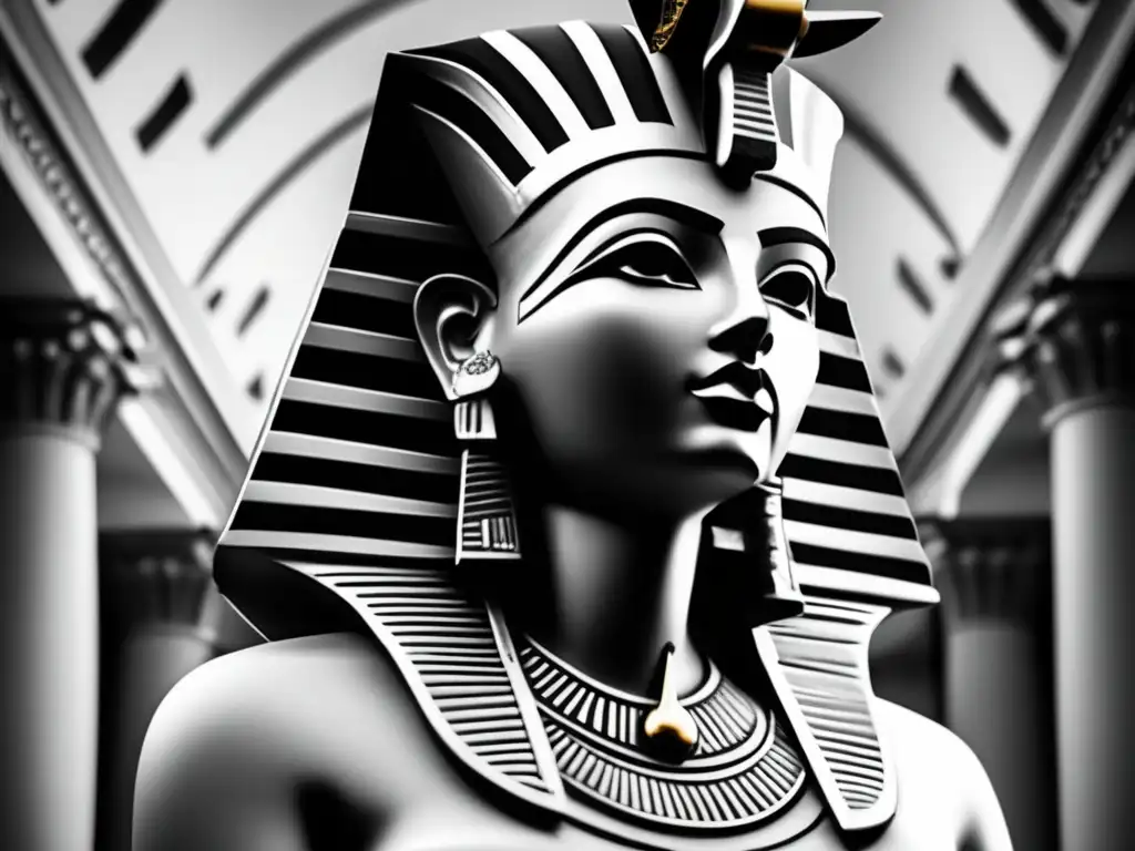 Una escultura majestuosa fusiona influencias egipcias y mediterráneas en una fotografía vintage en blanco y negro