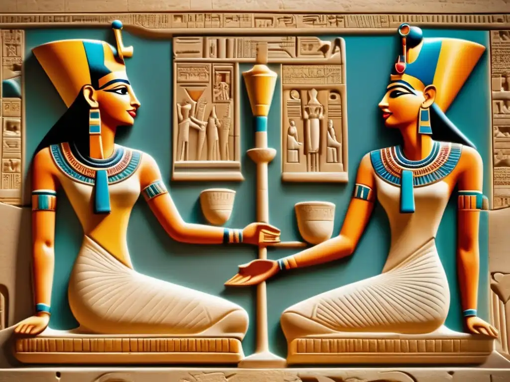 Una escultura en relieve detallada muestra a Akhenaten y Nefertiti, sentados en tronos elaborados