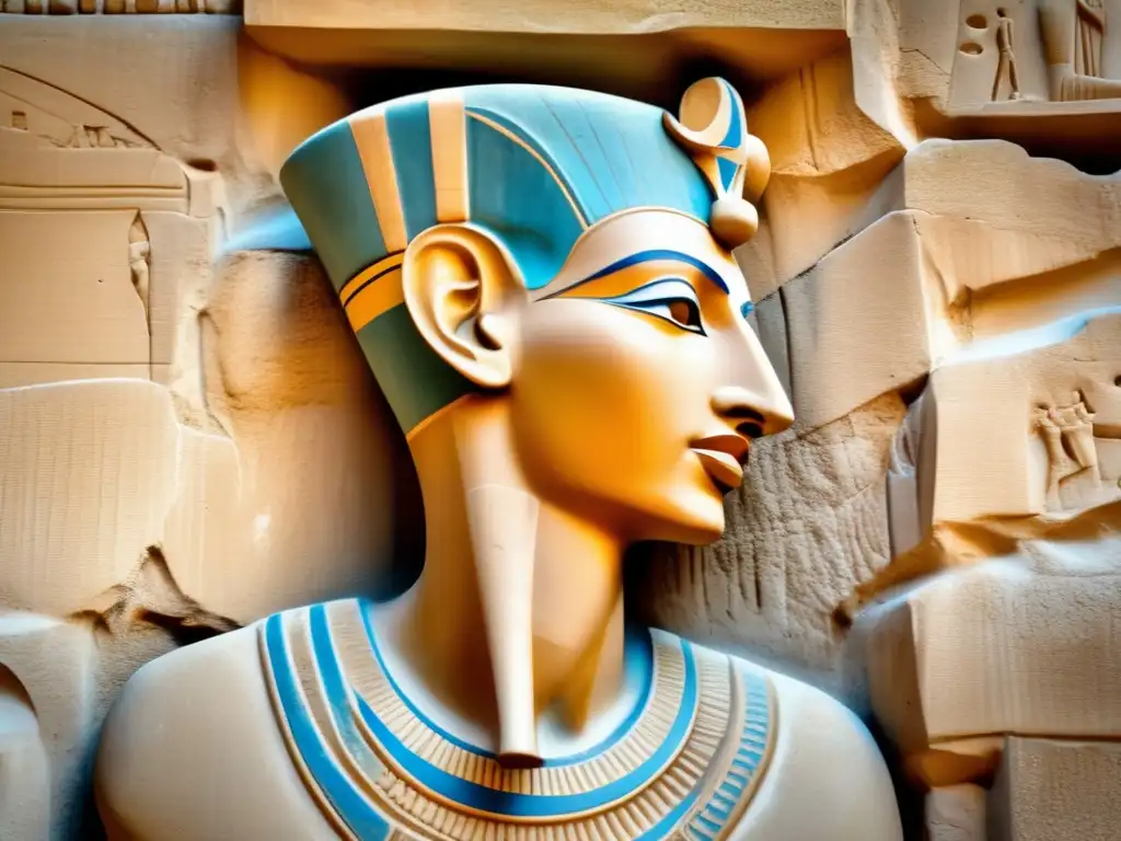 Escultura en relieve bellamente envejecida y desgastada del faraón Akhenaten en una pared de piedra caliza