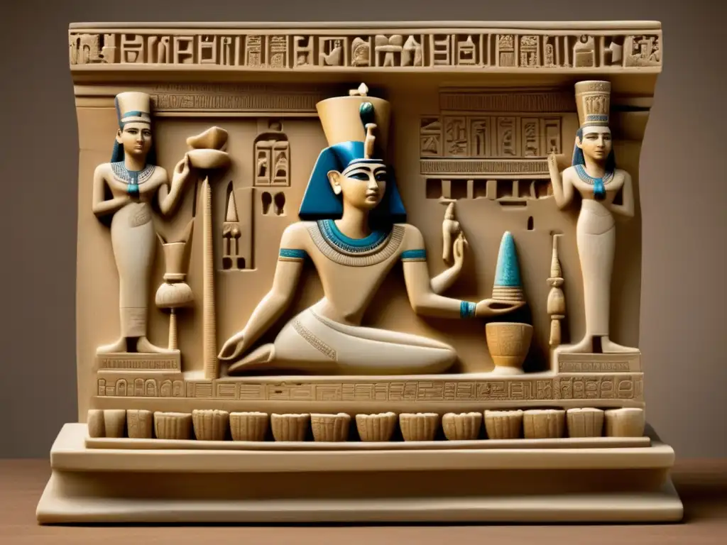 Escultura vintage egipcia detallada de un oferente con expresión serena sosteniendo una bandeja de ofrendas