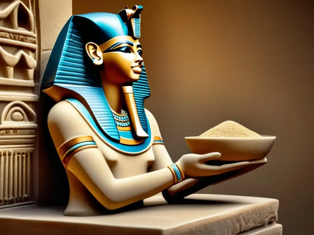 Escultura vintage de un oferente egipcio, con expresión serena y detalles intrincados en tonos cálidos