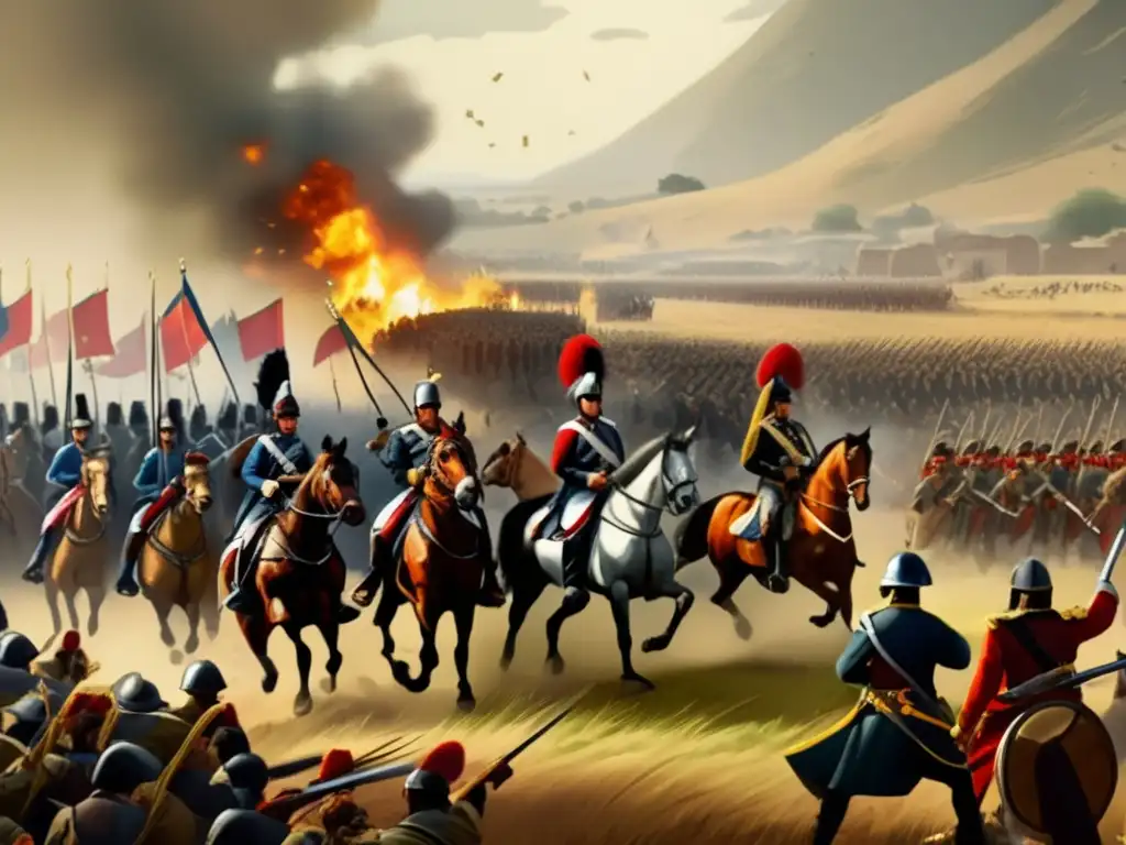 Una ilustración vintage captura la esencia de 'Representaciones de batallas y festividades' en un escenario de guerra y celebración