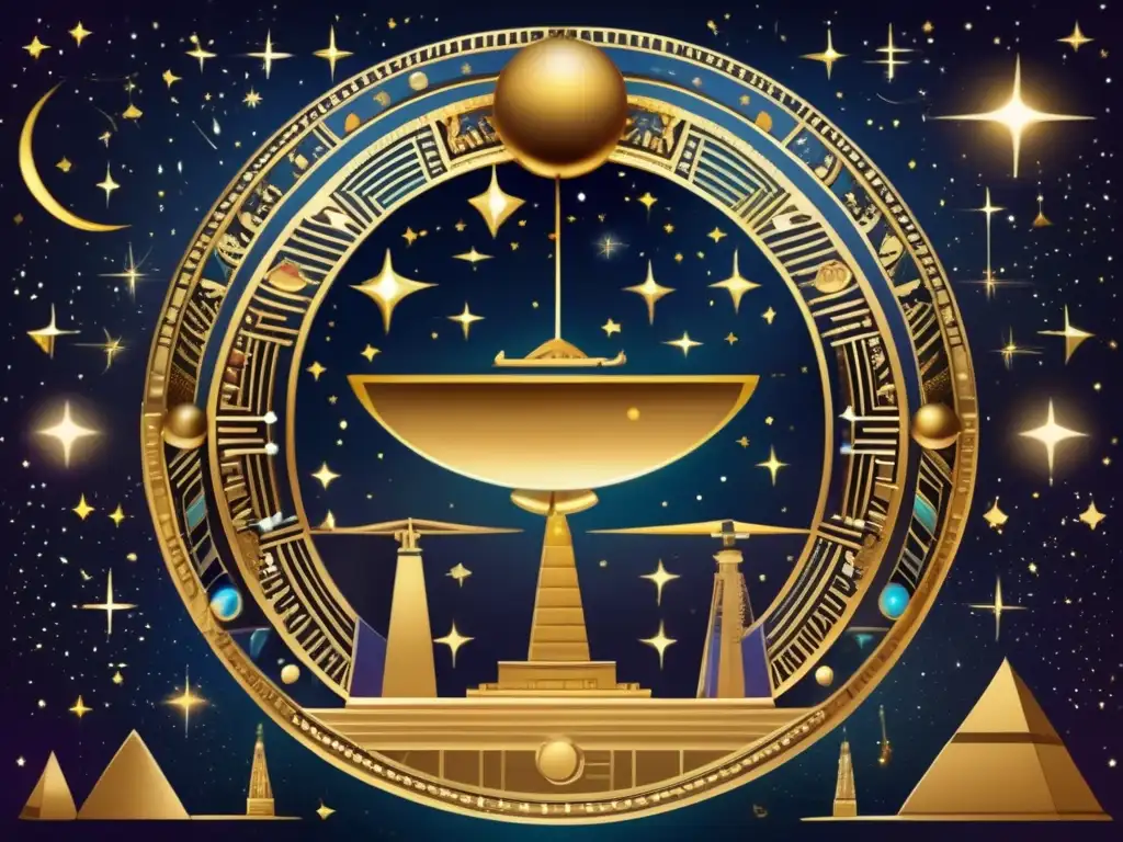 Esfera celestial egipcia antigua, joya dorada con hieroglíficos astronómicos, brilla en el cielo estrellado