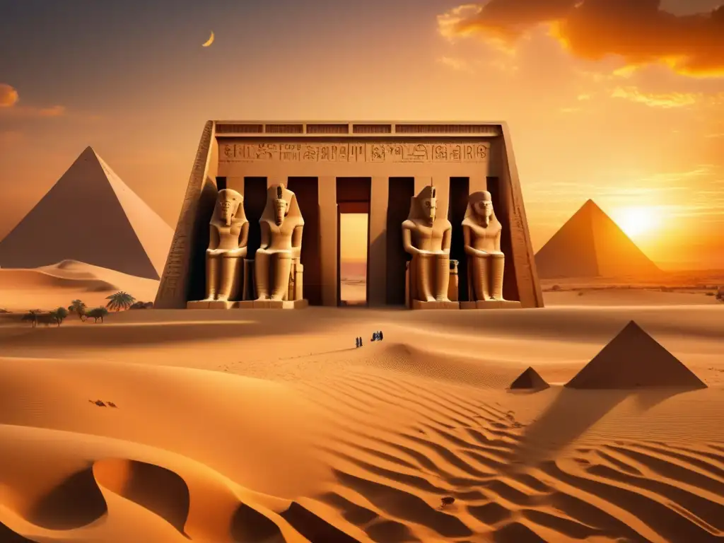 Un espectacular templo egipcio, parcialmente cubierto de arena, con intrincados grabados y jeroglíficos en sus paredes