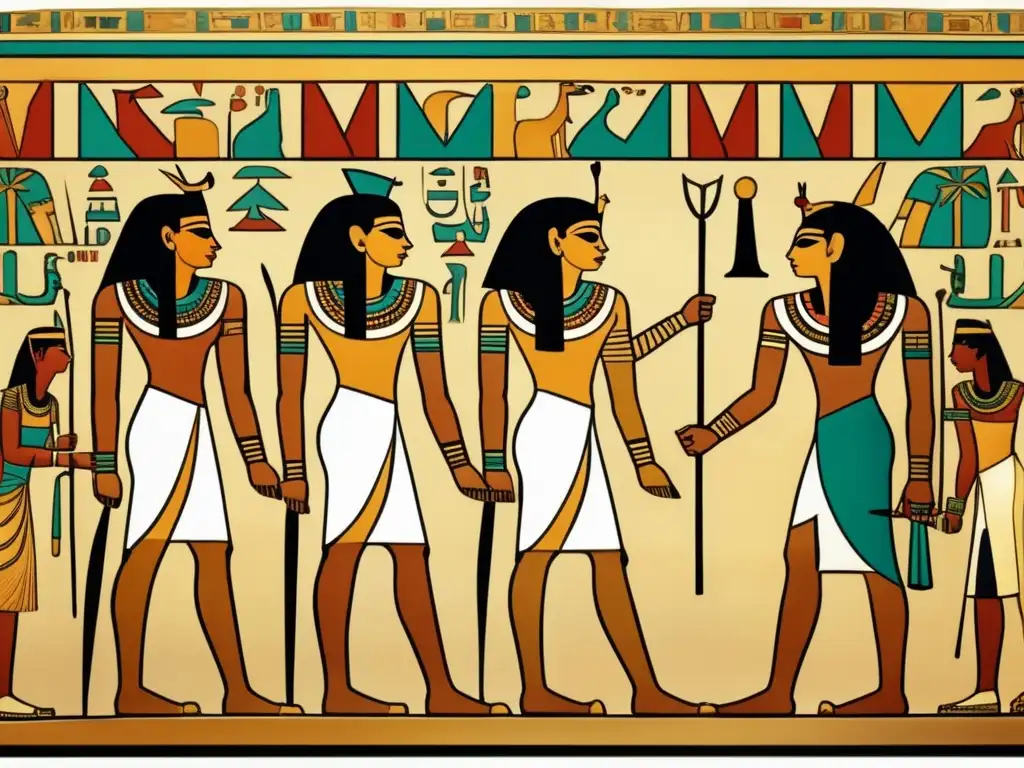 Espléndida estética del Periodo Tardío en Egipto: mural egipcio vintage con vibrantes colores y detalles intrincados