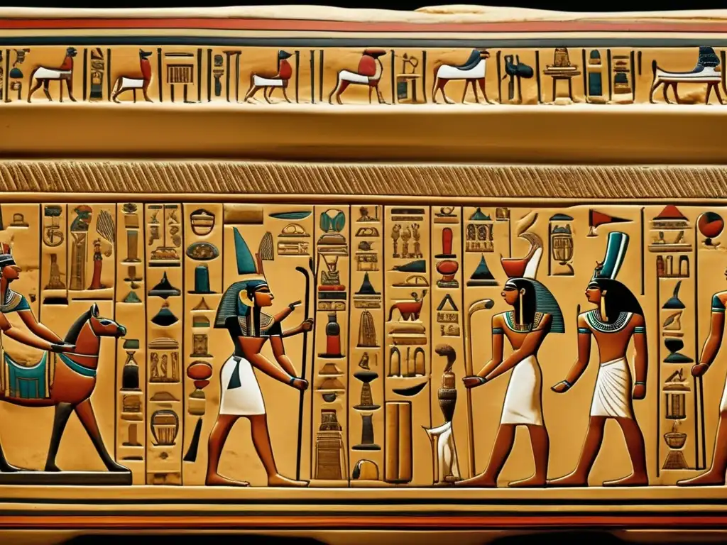 Espléndida imagen de un sarcófago egipcio del Segundo Periodo Intermedio, ricamente decorado con intrincados grabados y jeroglíficos