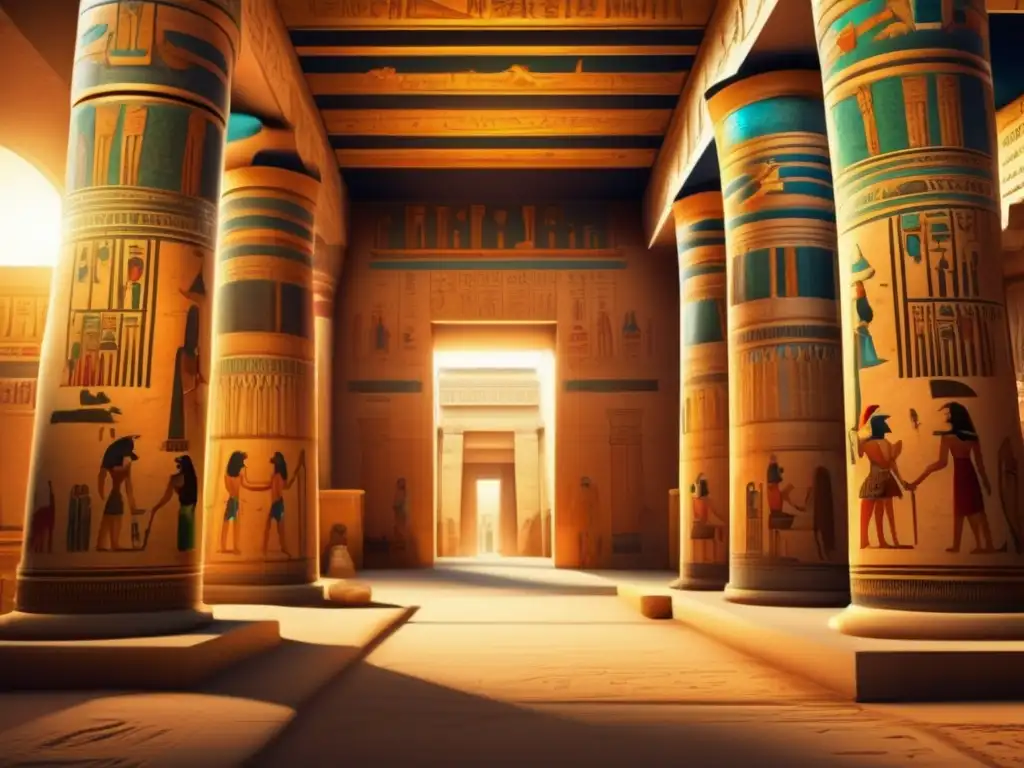 Espléndido diseño interior en templos y capillas egipcias, con columnas adornadas, murales vibrantes y un ambiente de reverencia y misterio