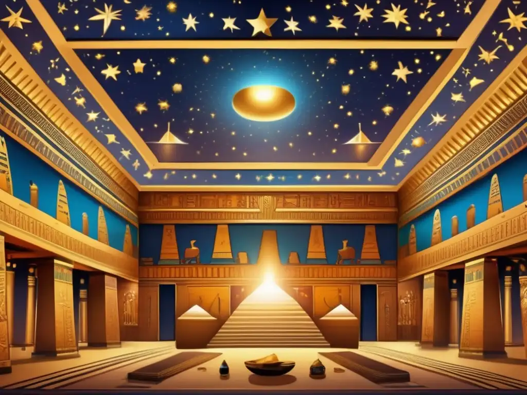 Espléndido interior de un palacio egipcio con detalles ornamentados que reflejan la opulencia del Antiguo Egipto