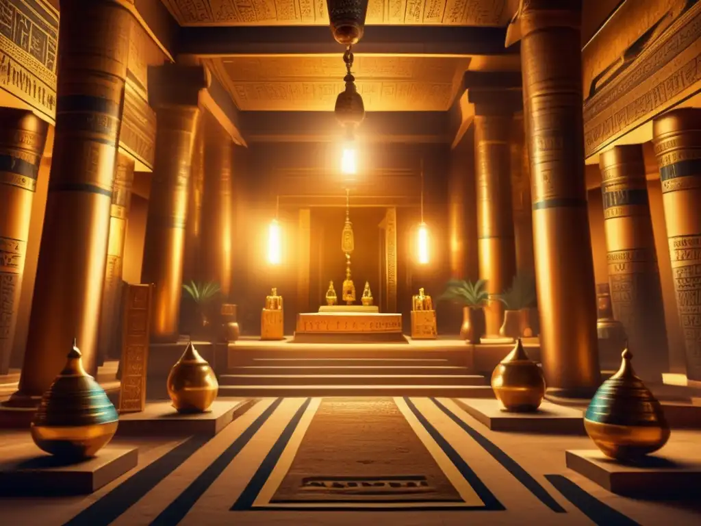 Espléndido templo egipcio, incienso y mirra envuelven la sala donde el faraón y sacerdotes realizan rituales sagrados