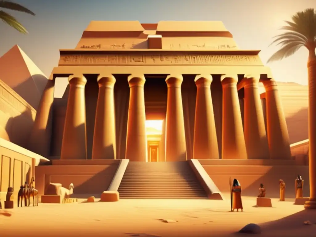 Espléndido templo egipcio durante el Periodo Tardío, fusionando creencias tradicionales con influencias culturales
