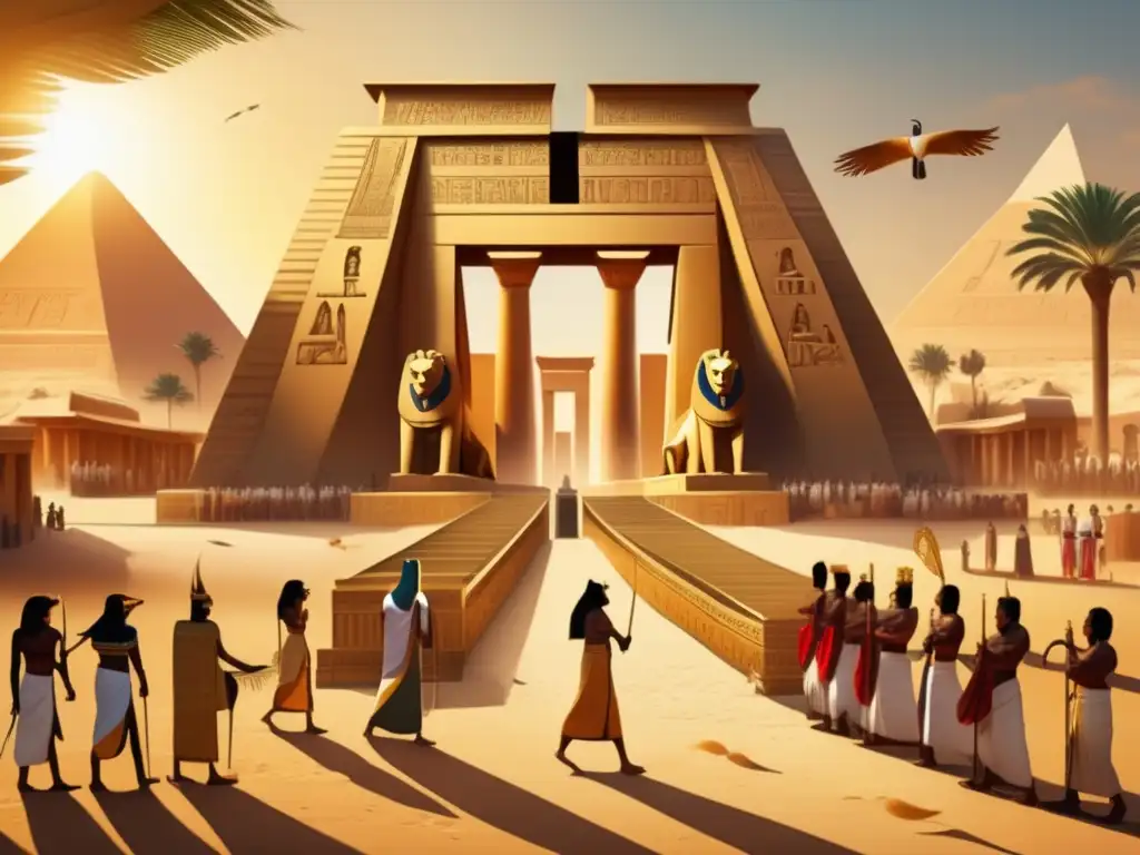 El esplendor del antiguo complejo de templos egipcios, iluminado por una cálida luz dorada