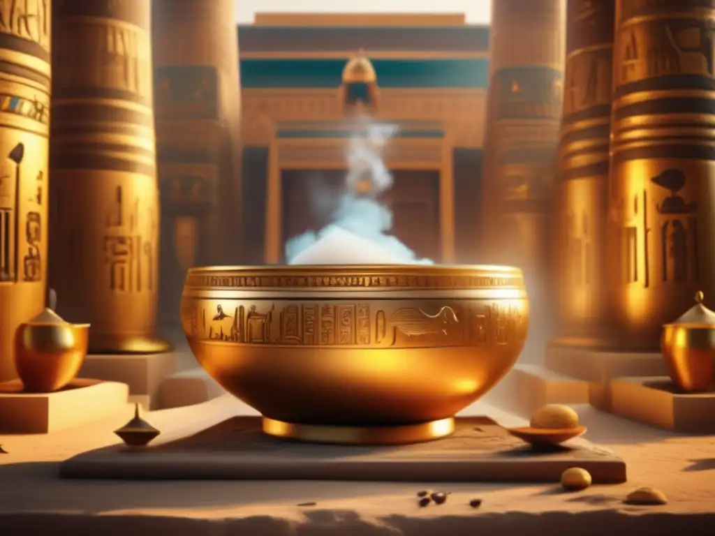 Esplendor antiguo en un templo egipcio, con conos de aroma y jeroglíficos