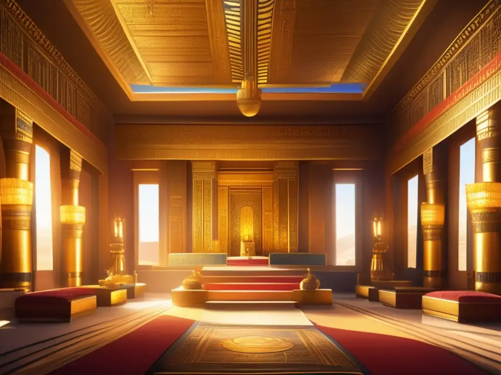 Esplendor en el palacio faraónico del Antiguo Egipto: trono dorado, opulencia y poder rodean al faraón y su corte
