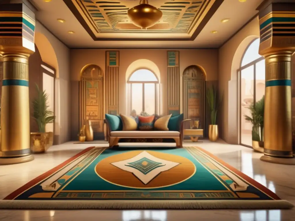 Esplendorosa decoración del hogar en Egipto con arte antiguo, frescos coloridos y mobiliario tallado