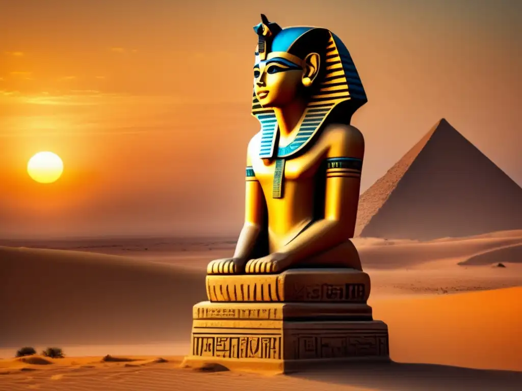 Una estatua ushebti bellamente tallada se alza majestuosamente en el desierto egipcio antiguo
