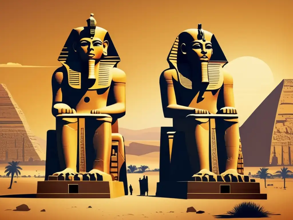 Estatuas colosales de Memnón en el desierto egipcio, evocando la mitología y la majestuosidad de la antigua civilización