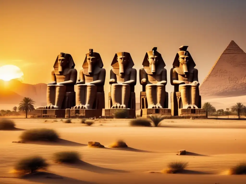 Estatuas colosales de Memnón en el desierto de Egipto, majestuosas y misteriosas, en un atardecer dorado