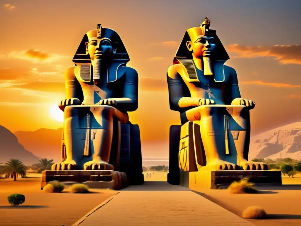 Estatuas colosales de Memnón, majestuosas figuras de Amenhotep III, se alzan contra el atardecer dorado egipcio